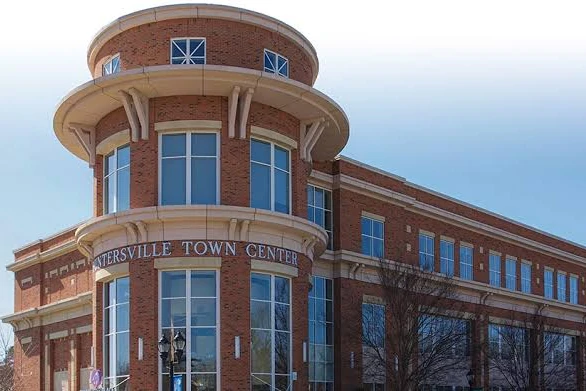 The brick Huntersville Town Center building in Huntersville, North Carolina