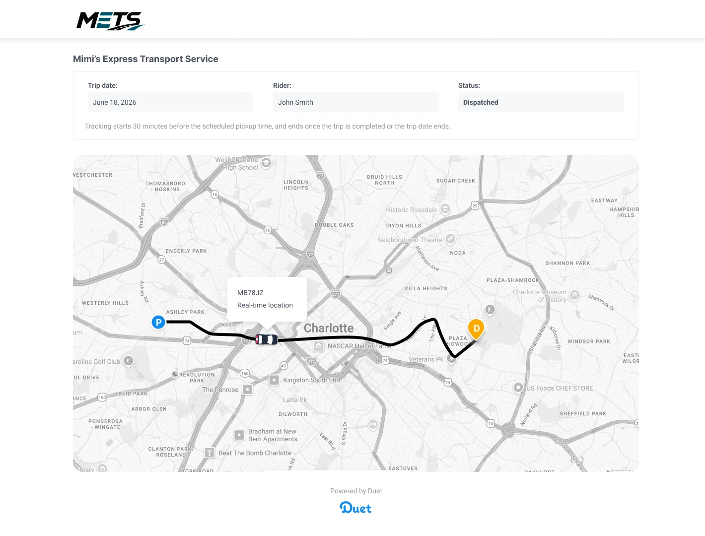 The Duet platform showing real-time tracking of a Mimi's Express trip across Charlotte, with pickup and drop-off markers and the live vehicle location on the map