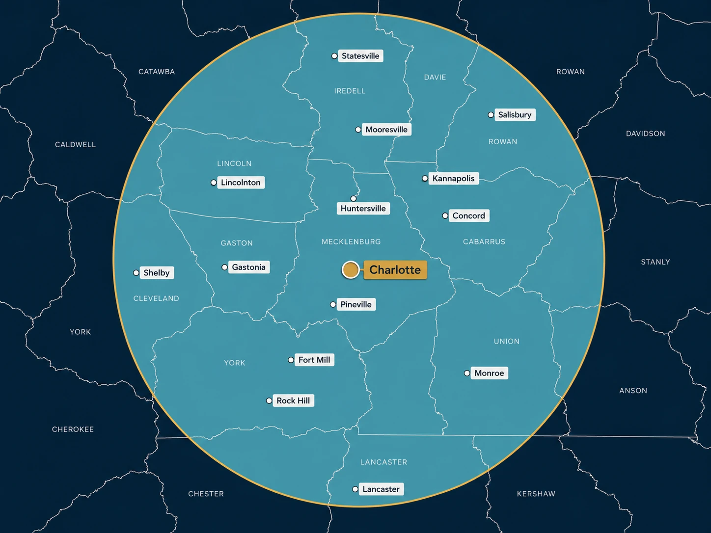 Map of the Mimi's Express service area, centered on Charlotte and covering Mecklenburg County and nearby North Carolina communities within about 45 to 50 miles.