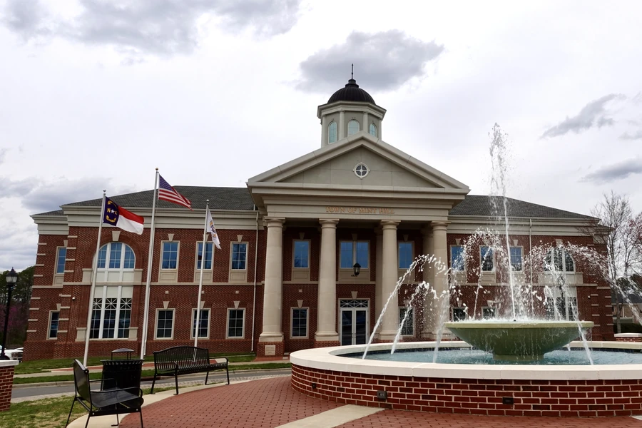 The Town of Mint Hill town hall and fountain in Mint Hill, North Carolina