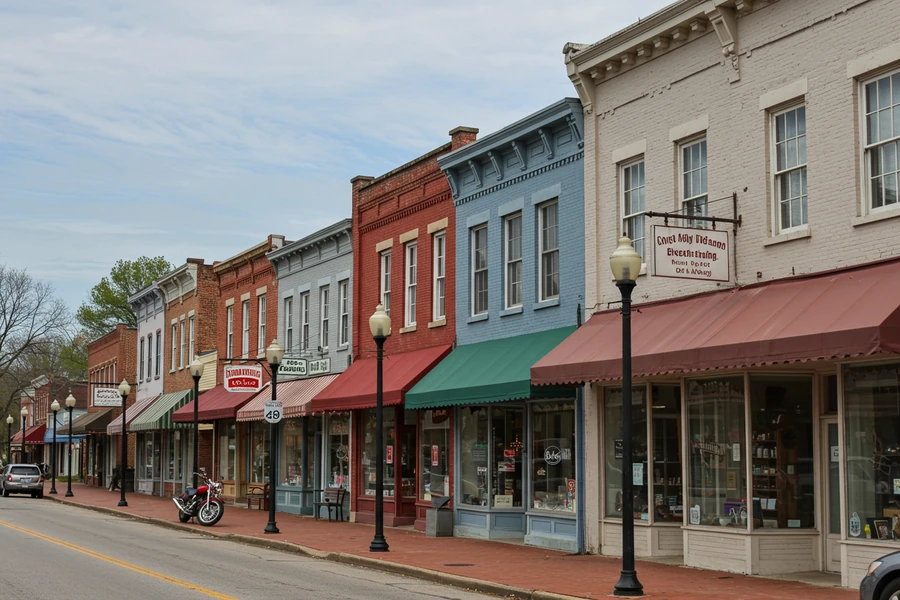 Historic brick storefronts along Main Street in Pineville, North Carolina