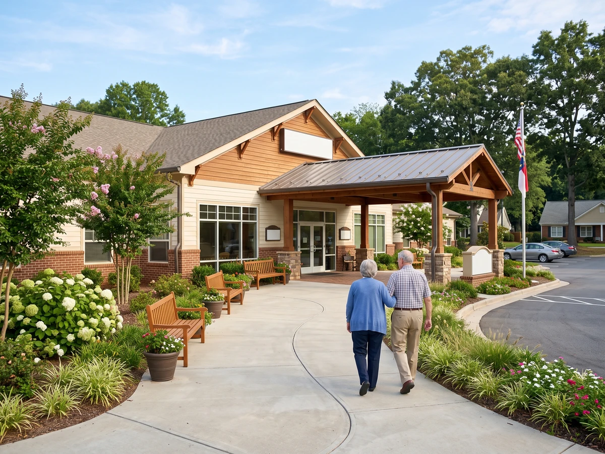 A welcoming Charlotte adult day health and senior center entrance with older adults arriving on a landscaped walkway