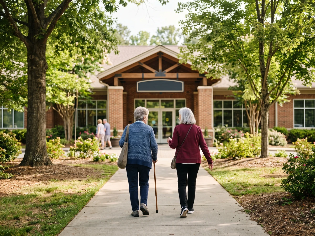 Two older friends walking together toward a Charlotte senior center entrance