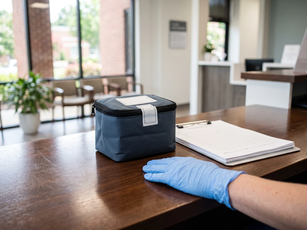 A sealed insulated medical package and documents on a Charlotte clinic reception counter, ready for courier delivery