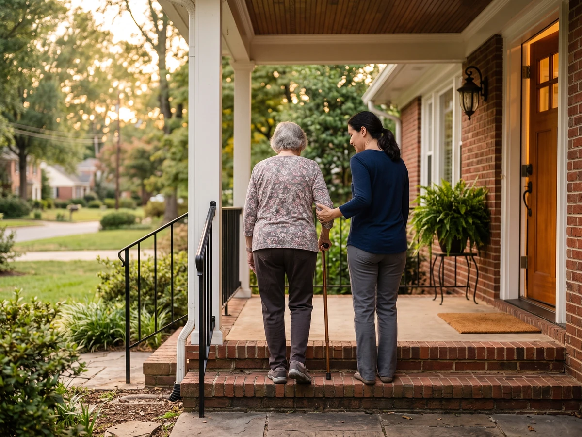 A caregiver steadying an older woman with a cane at the front door of a Charlotte home