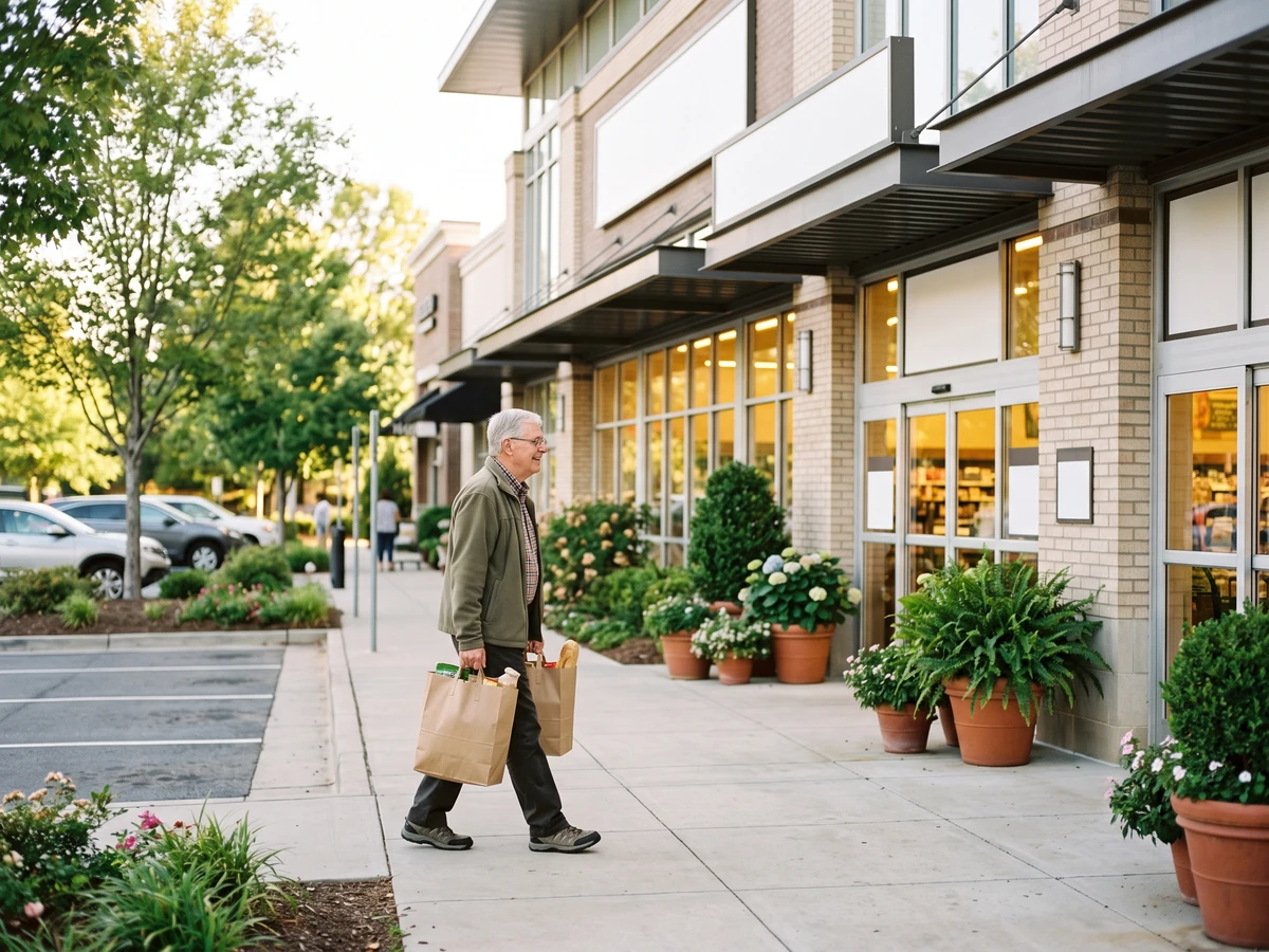 A senior carrying grocery bags along a Charlotte neighborhood store and pharmacy sidewalk