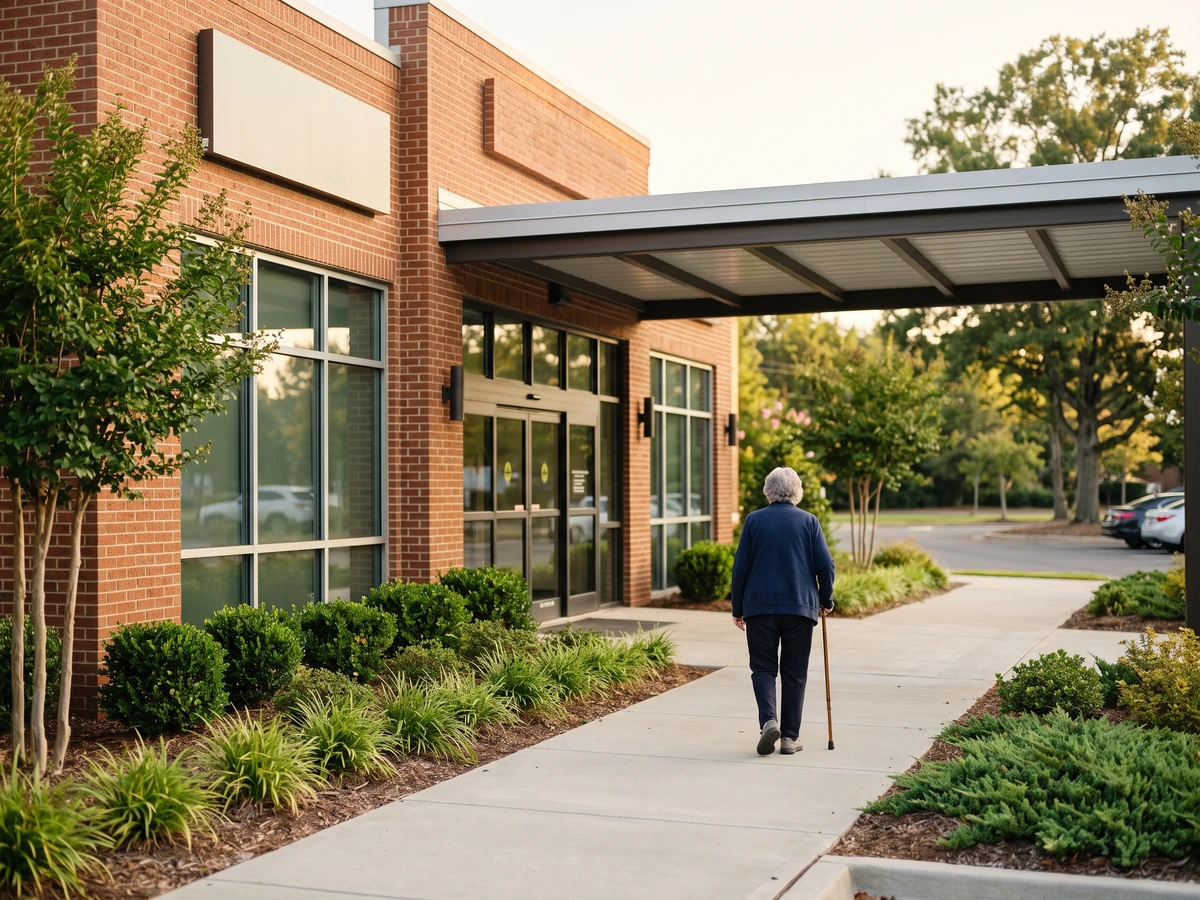 A modern brick-and-glass medical clinic entrance in Charlotte, with a senior walking toward the covered doorway